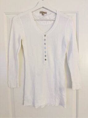 Burberry London White Waffle Knit Henley Top Large Made in Italy 100% Cotton